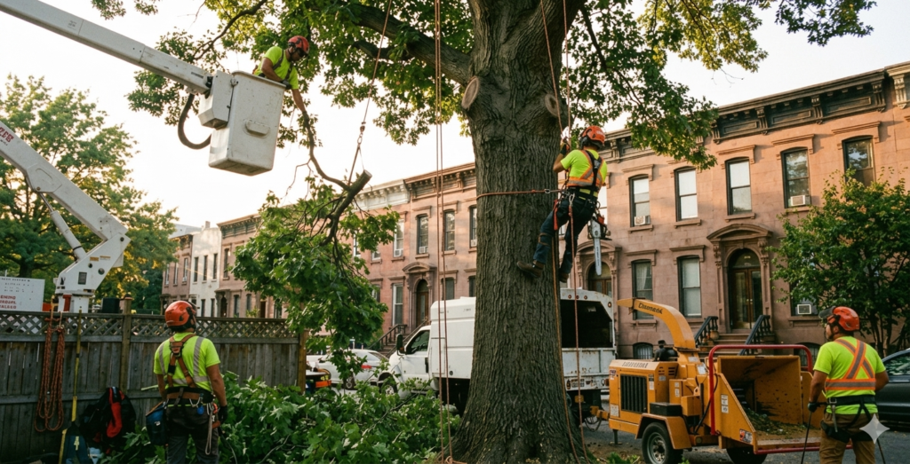 Tree removal crew cutting